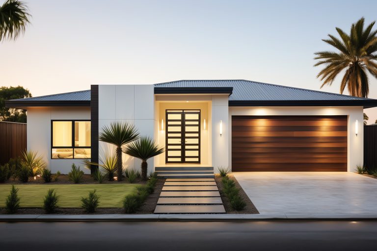 Exterior front facade of new modern Australian style home, resid